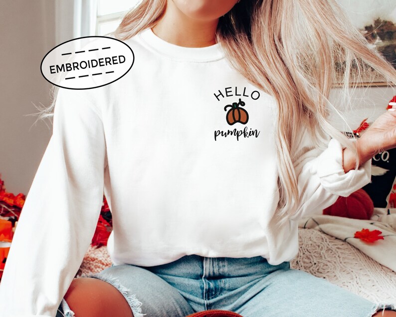 Fall Halloween Hello Pumpkin Embroidered Sweatshirt 2D Crewneck Sweatshirt All Over Print Sweatshirt For Women Sweatshirt For Men Sws3965