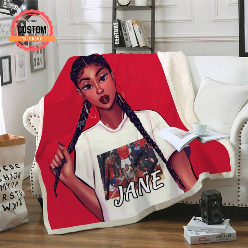 Red Double Braid Athletic Black Girl Custom Name Plush Fleece Blanket