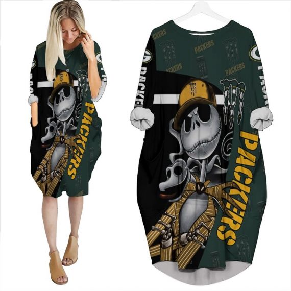 Jack Skellington Monster Energy Green Bay Packers 3D Batwing Pocket Dress Womens Oversized Loose Dress