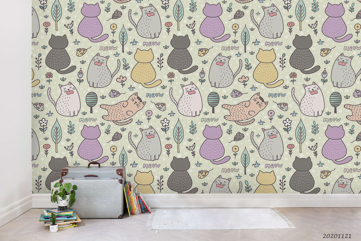 3D Cartoon Hand Drawn Colorful Cat Animal Pattern Floral Plant Wall Mural Wallpaper Lxl