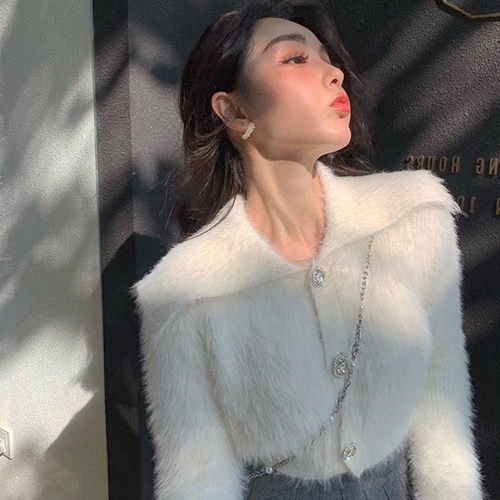 Sweaters Women Korean Elegant Lapel White Mohair Cardigan Short Sweet Rhinestone Pink Long Sleeve Knit Coat Pull Gentle Wild alx