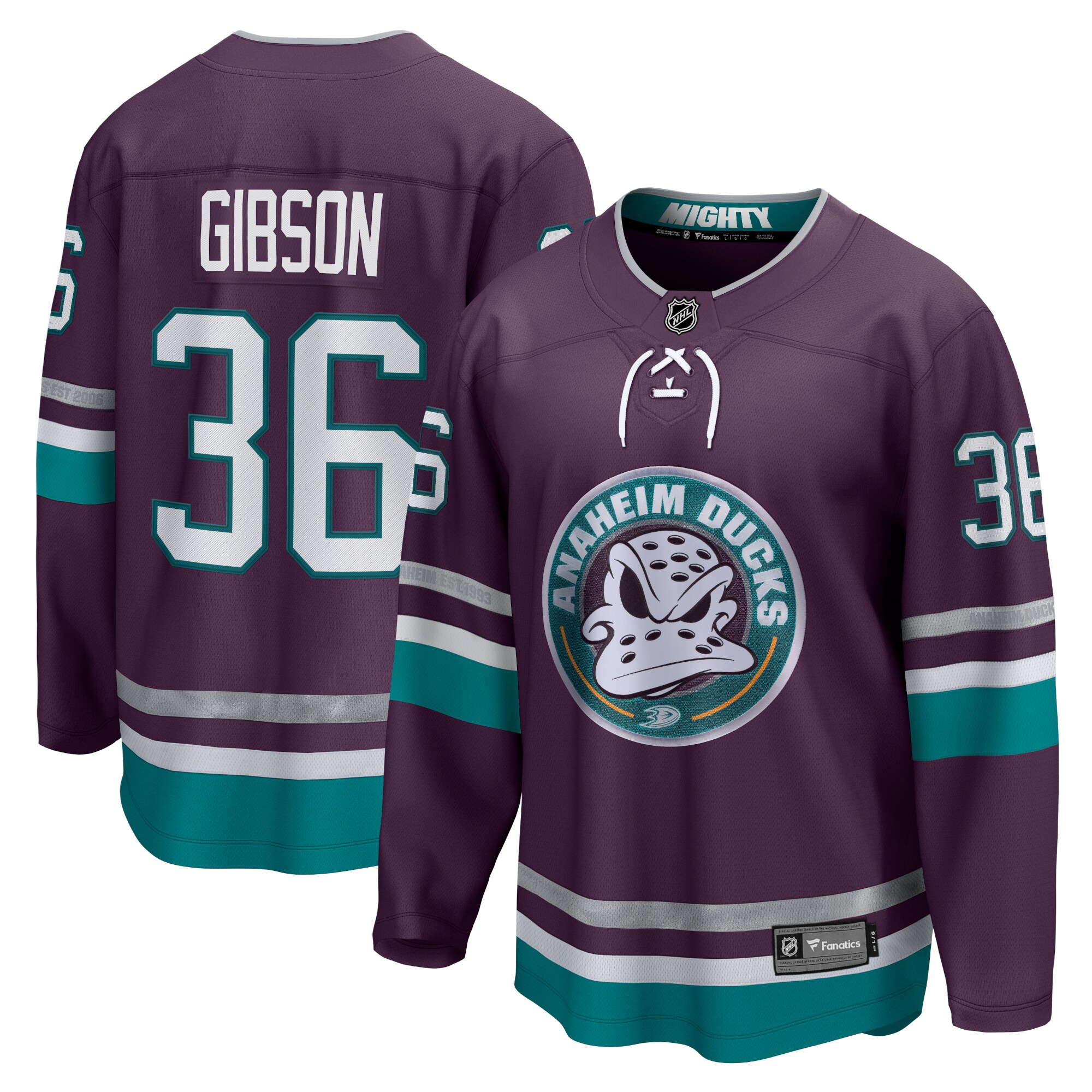 John Gibson Anaheim Ducks Branded 30th Anniversary Premier Breakaway Jersey – Purple