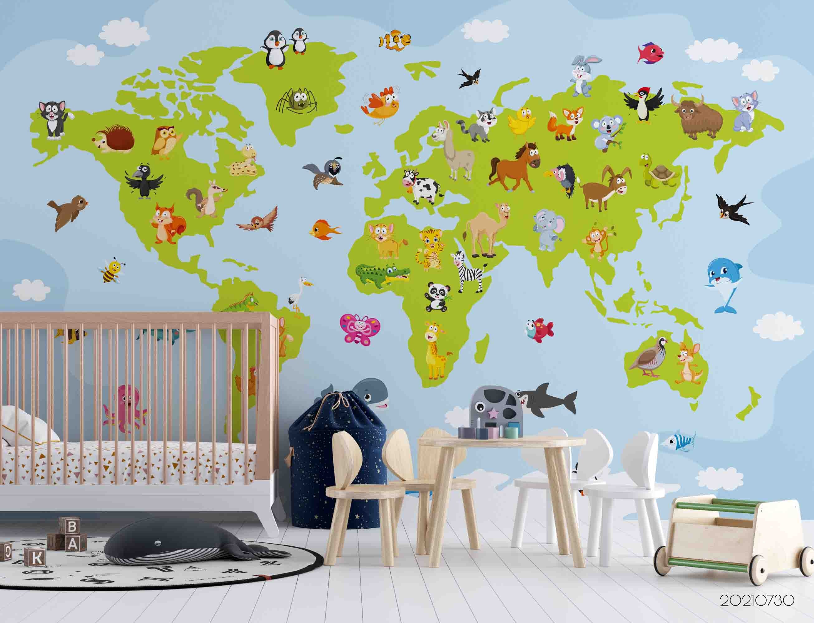 3D Cartoon Animal Map World Wall Mural Wallpaper Sww4483