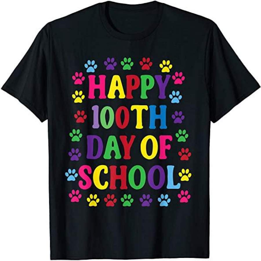 100 Days Of School Shirt Happy 100Th Day Of School Shirt Paw Print Cat Dog Animal Kid Custom T Shirts Add Name Black Kids Toddler Adult Size S To 5Xl