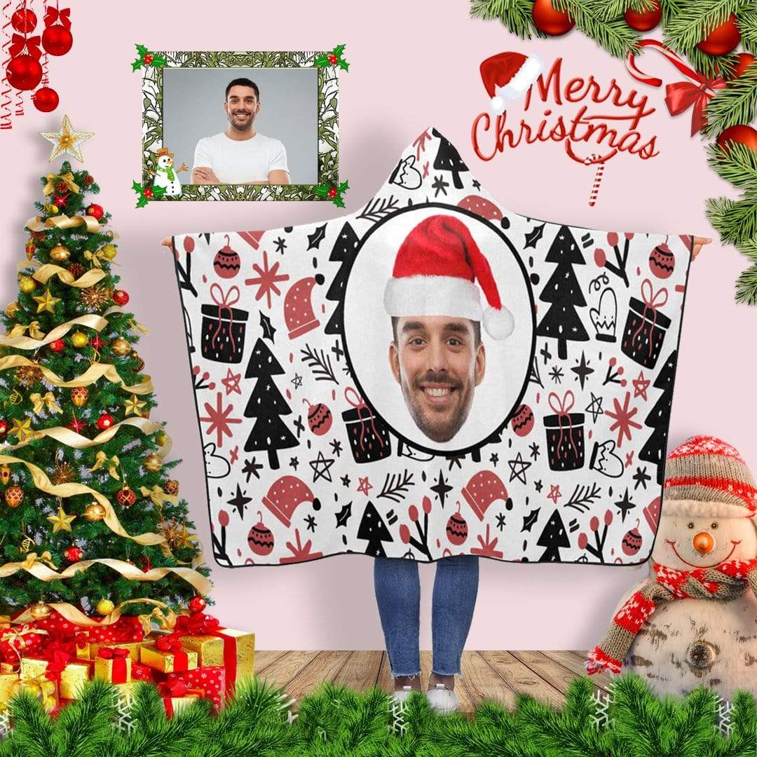 Custom Face Various Of White Christmas Flannel Hooded Blanket