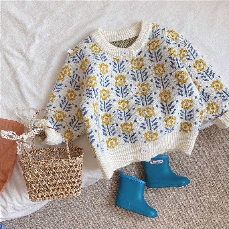 Baby Girl Sweet Flower Knitting Single Breasted Sweater Retro Casual Keep Warm Cardigan Cute Girls All-match Winter Clothes alx