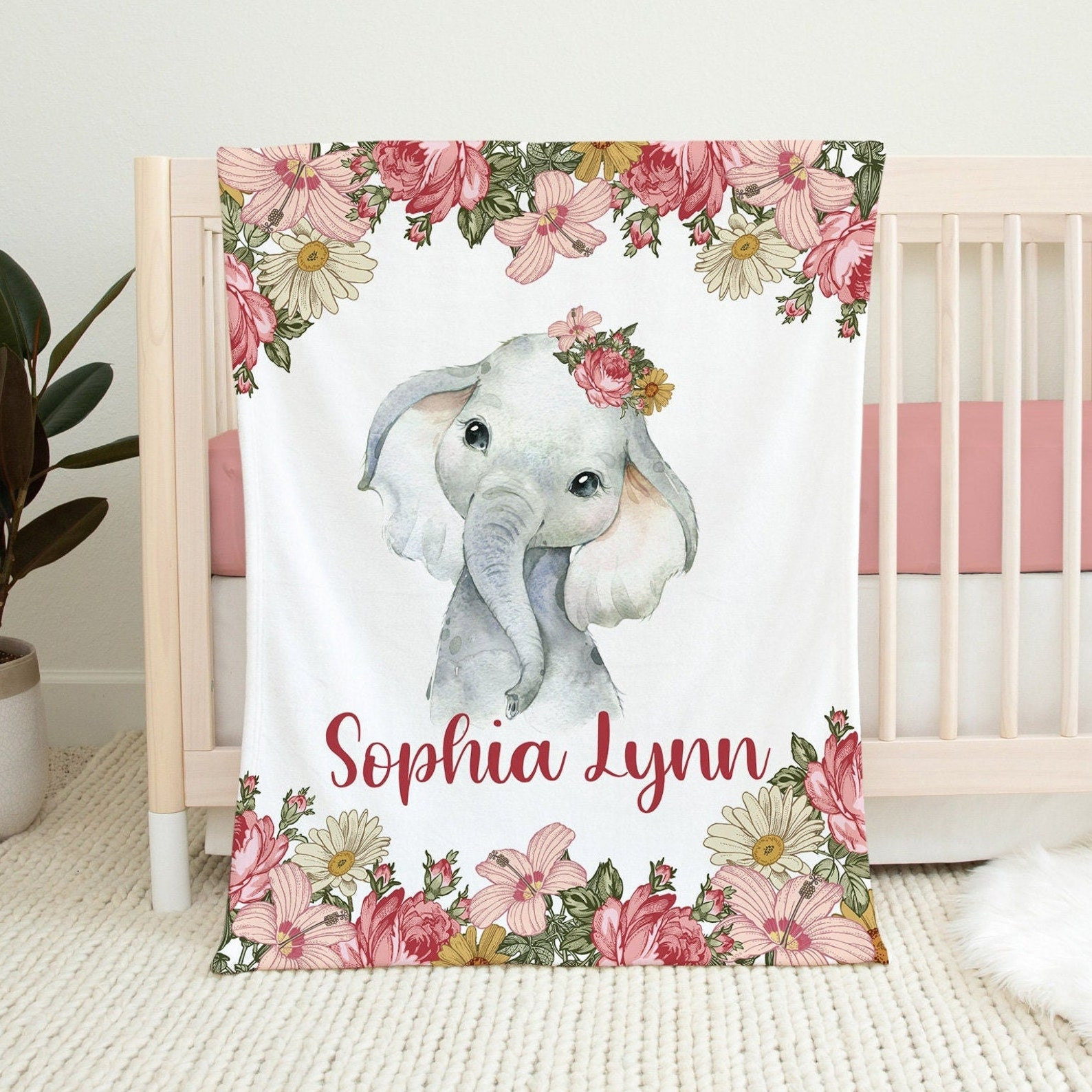 Floral Elephant Blanket, Pink Baby Girl Floral Blanket, Personalized Girl Name Blanket Pink Flowers, Custom Baby Shower Gift, Girl Blanket