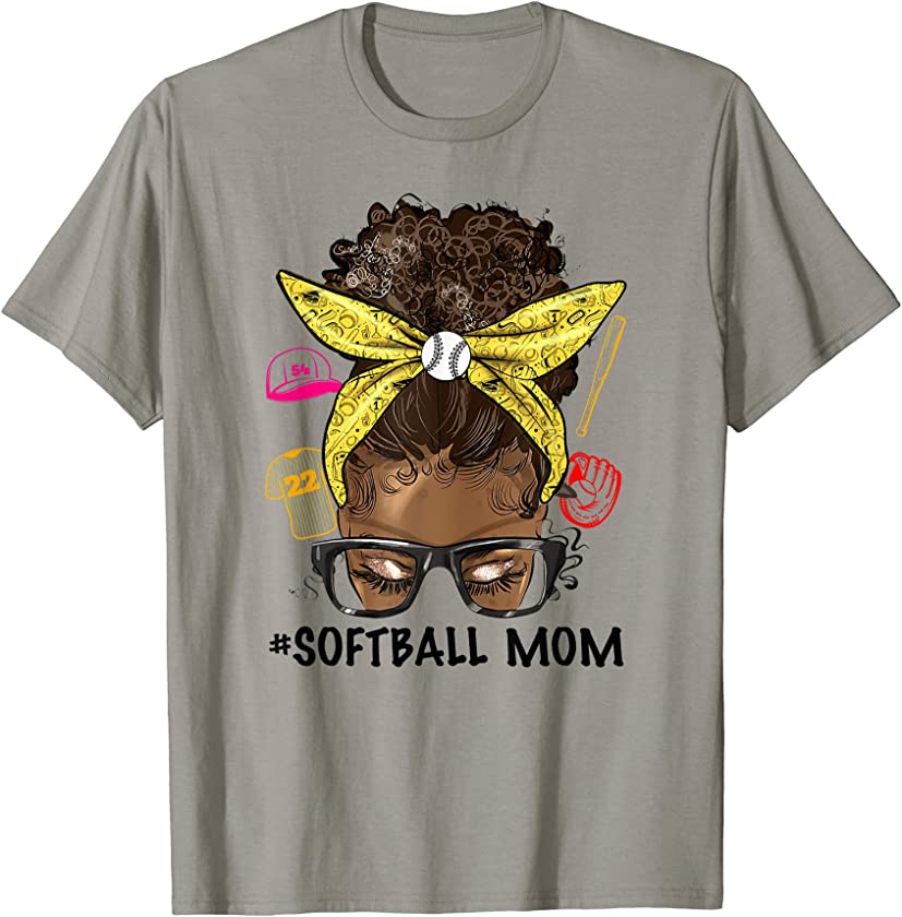 SOFTBALL MOM Fun Messy Bun Afro Hair African SOFTBALL Lover T-Shirt