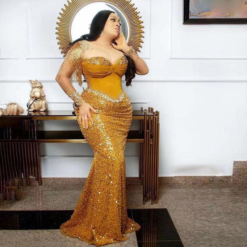 Aso Ebi Plus Size Gold Mermaid Prom Dresses Sheer Long Sleeves Sequined Beaded Evening Gowns Zipper Back Formal Party Dress 2022 alx