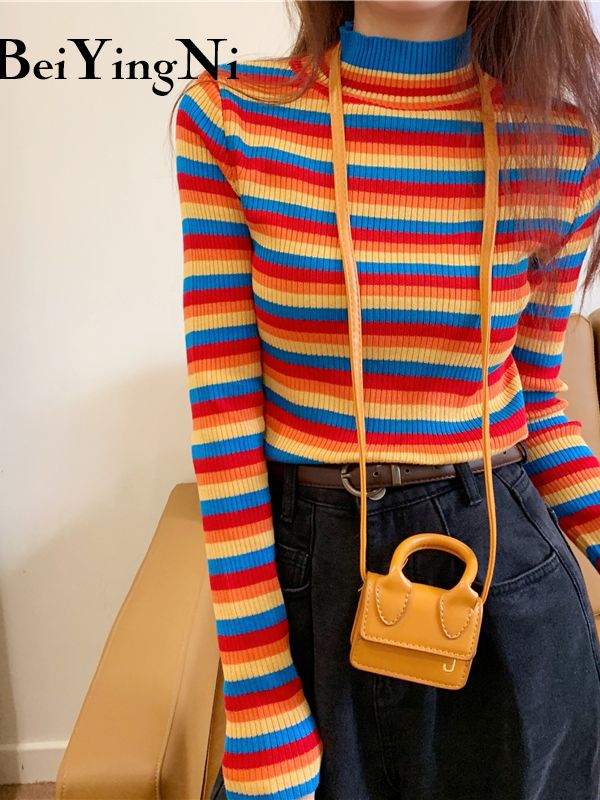 Beiyingni Spring Autumn Long Sleeve Knit Sweater Women Stripe Cute Hit Color Casual Pullover Tops Female Basic Ulzzang Jumper alx