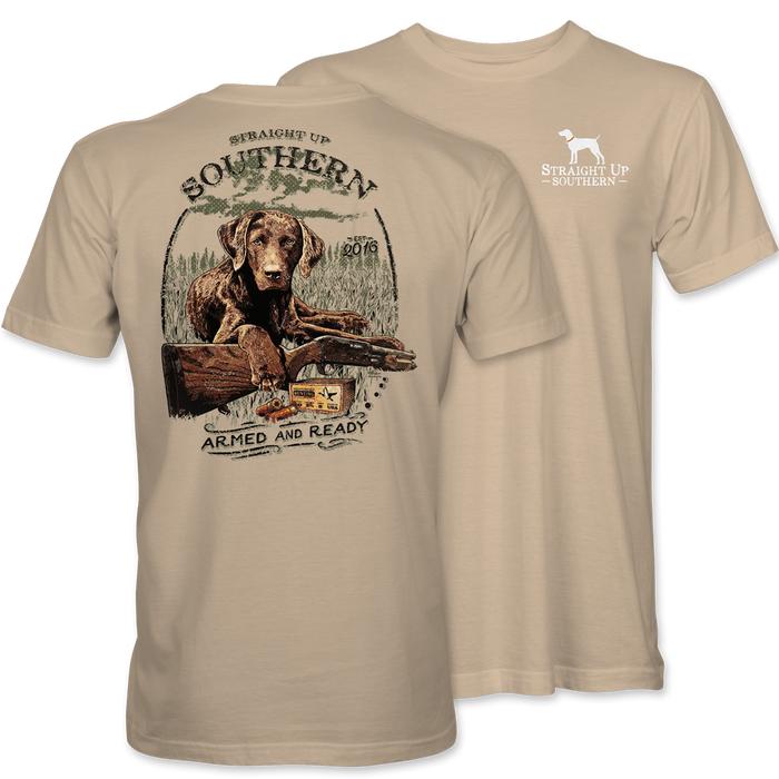 Southern Hunting Dog T-Shirt Armed and Ready Graphic Tee for Men, Country Style Outdoor Shirt, Straight Up Southern Labrador Gun Design