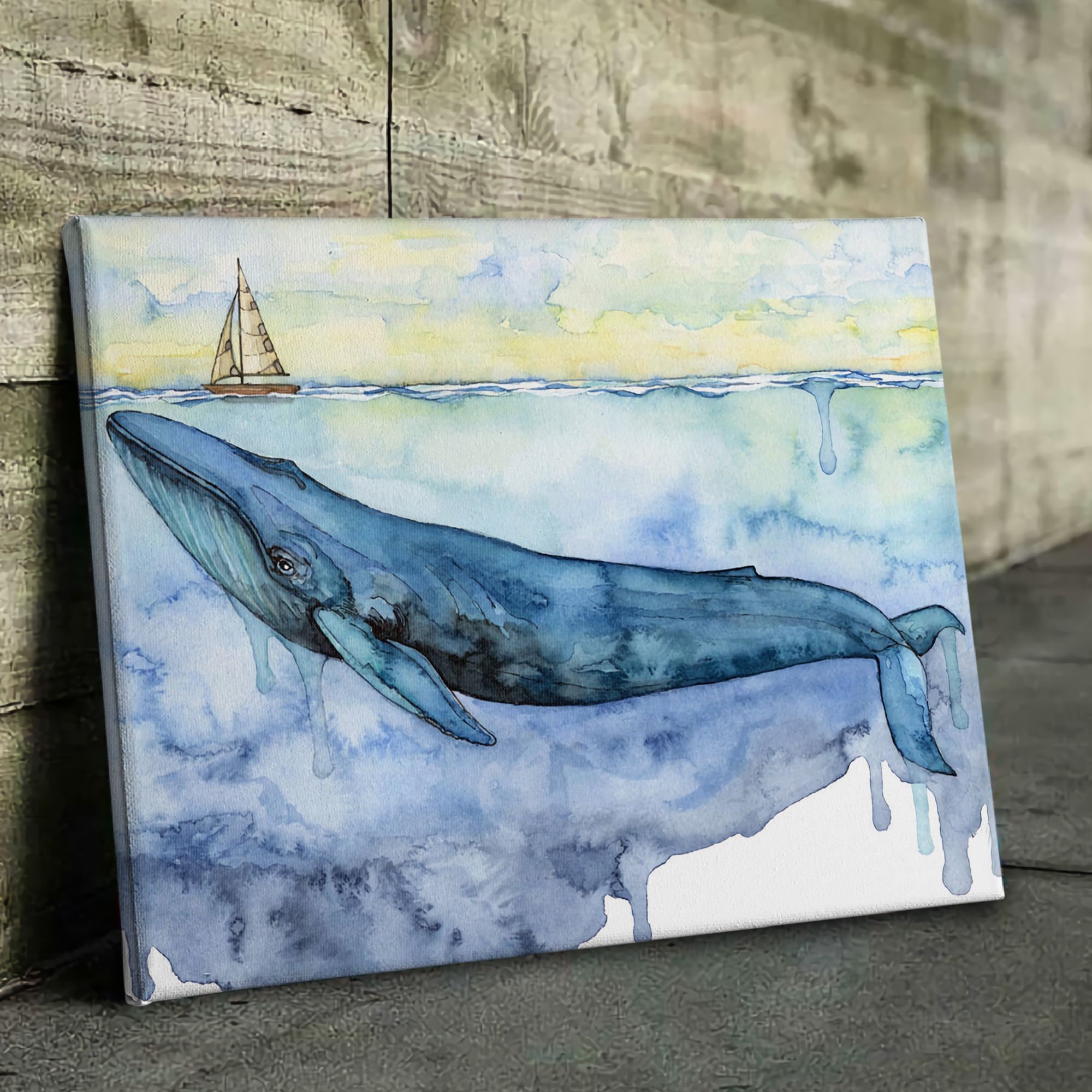 Blue Whale Under Sailboat Poster & Canvas