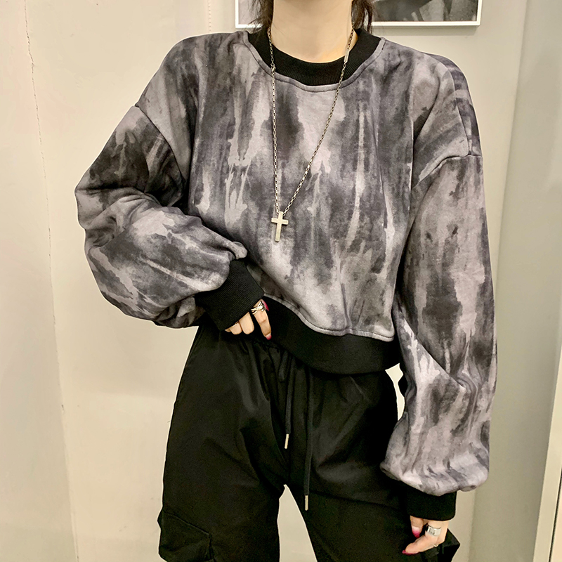 Cropped Sweatshirt Women Casual Korean Style Spring 2020 New Tie Dye Black Soft Loose All-match Teens Girls Trendy Clothes Ins alx