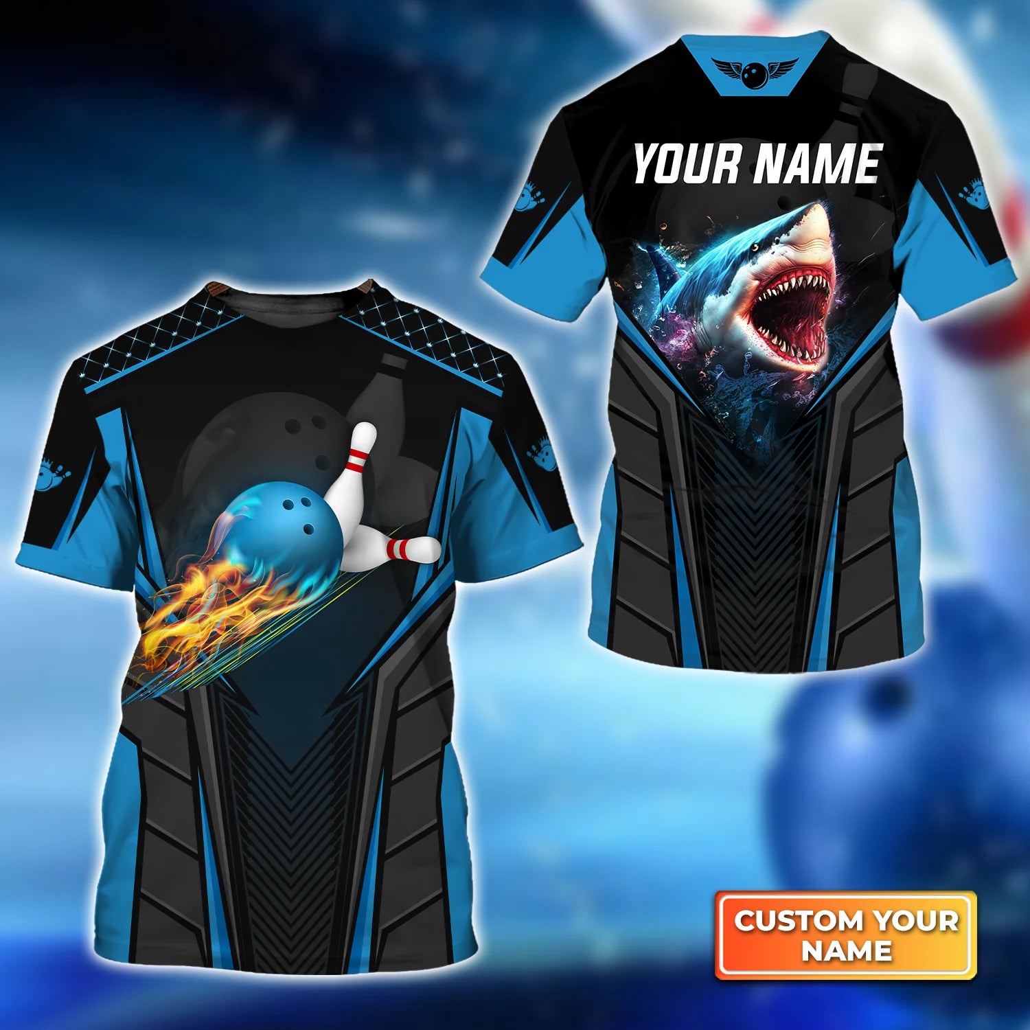 Shark Team Blue Bowling Ball Personalized Name 3D Tshirt, Bowling Shirt, Gift For Bowling Lover