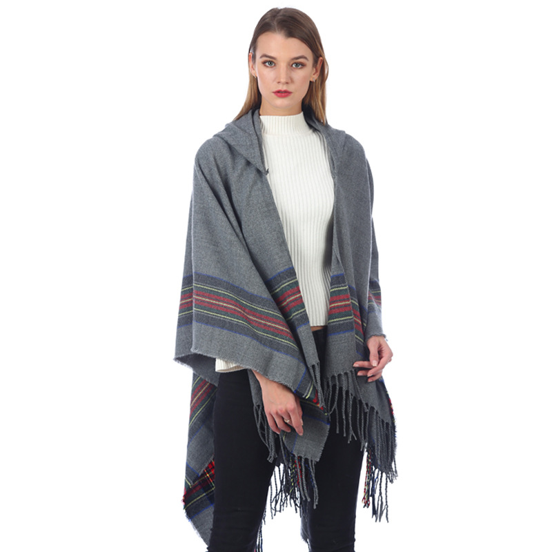 CHENKIO Autumn Winter Stoles Women’s Poncho Capes with Hood Cashmere Pashmina Oversized Cardigans Blanket Shawls with Tassels alx