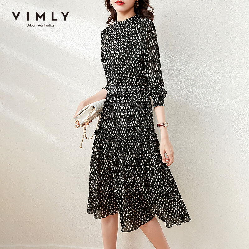 VIMLY Floral Dresses For Women Fashion High Waist Elastic Pleated Dress Vintage Office Lady Maxi Dress Female Vestidos F6806 alx