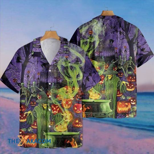 Happy Halloween Pumpkin With Witch Skeleton And Haunting Tree Hawaiian Shirt Ha105367