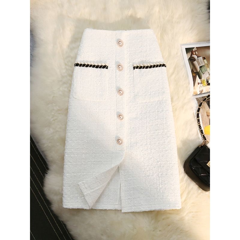 2XL Autumn and Winter Elegant Bright Silk Style Skirt Women Mid-Length High Waist Woolen A- Line Sheath White Tweed Skirt Women alx