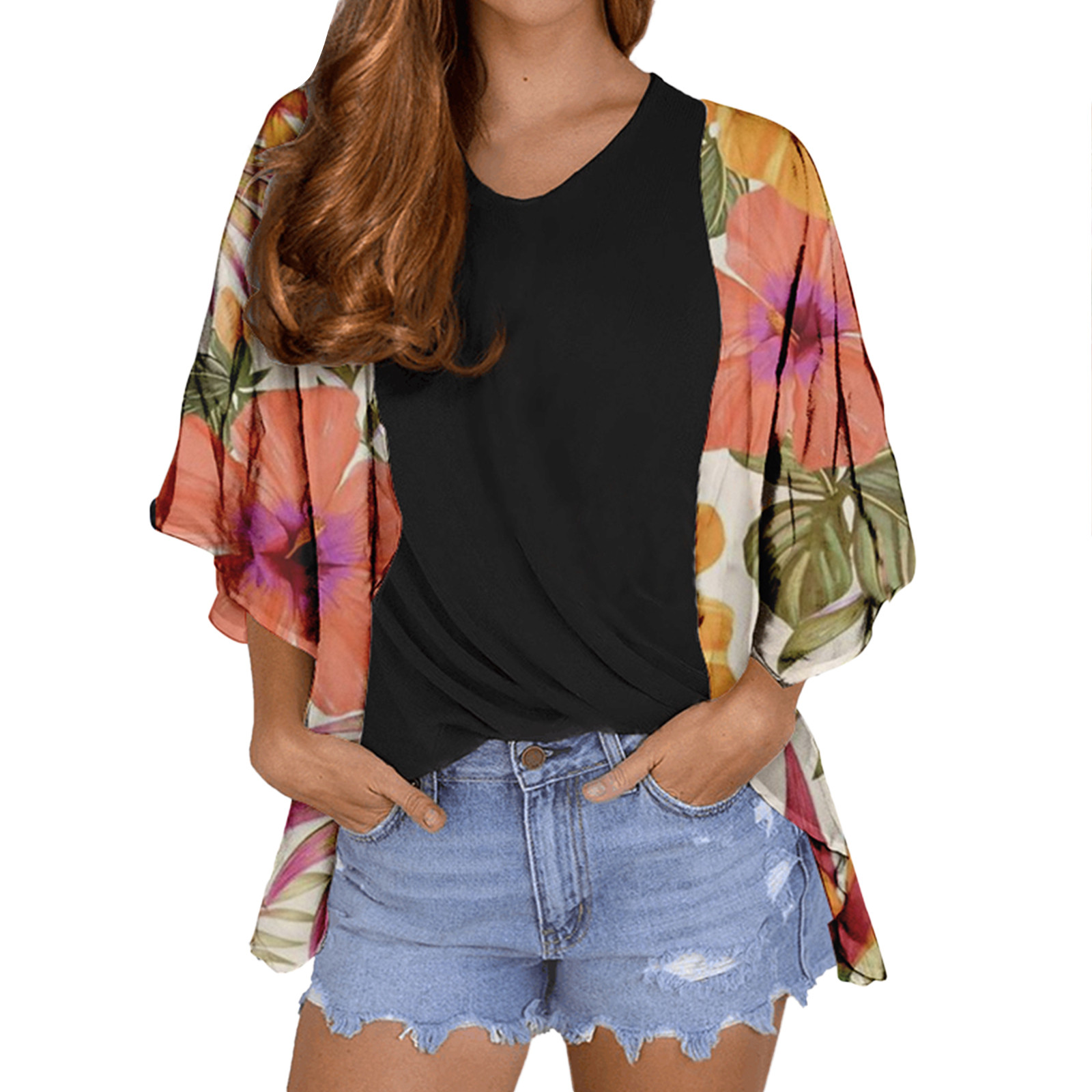 Women Casual Loose Chiffon Floral Print Cardigan Jacket Chiffon Sheer Black Cardigan Sweater Summer Shrugs for Women alx