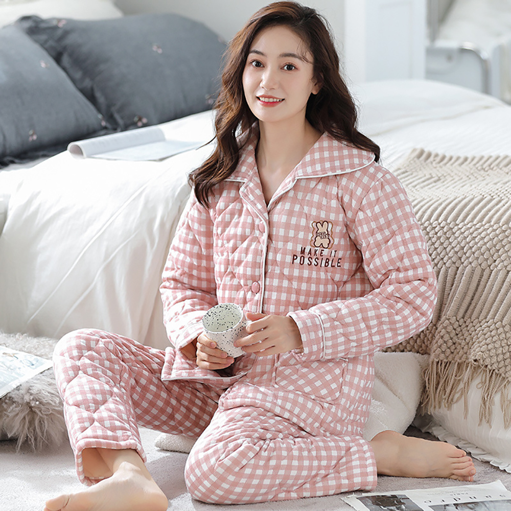 3-Layers Thicken Cotton Pajamas for Women Warm Winter Elegant Plaid Women’s Pajama Sets Female Casual Elastic Waist Sleepwear alx