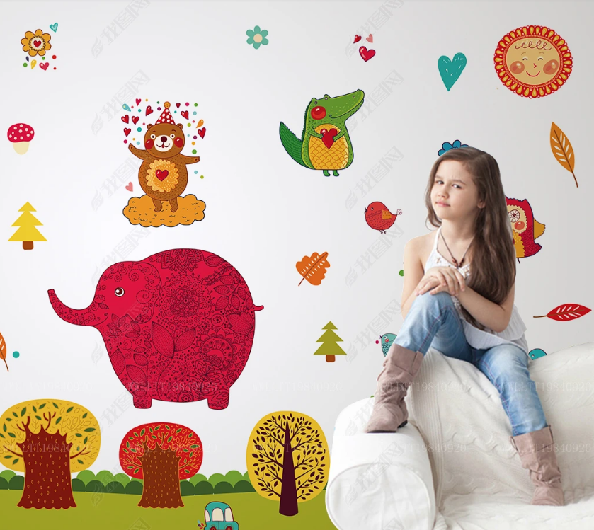 3D Cartoon Tree Animal Elephant Wall Mural Wallpaper Lqh 241