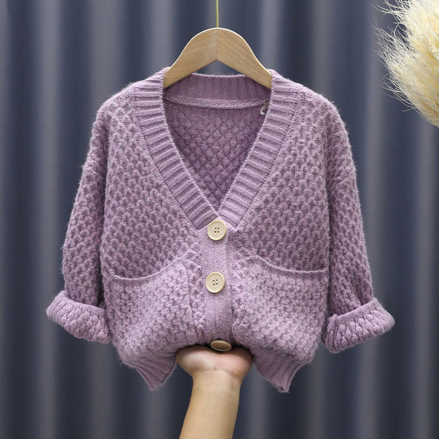 2021 Autumn Girls Knitted Sweater Children Clothing Knitting Baby Cardigan Kids Clothes Children’s Coats Fashion Solid Jacket alx