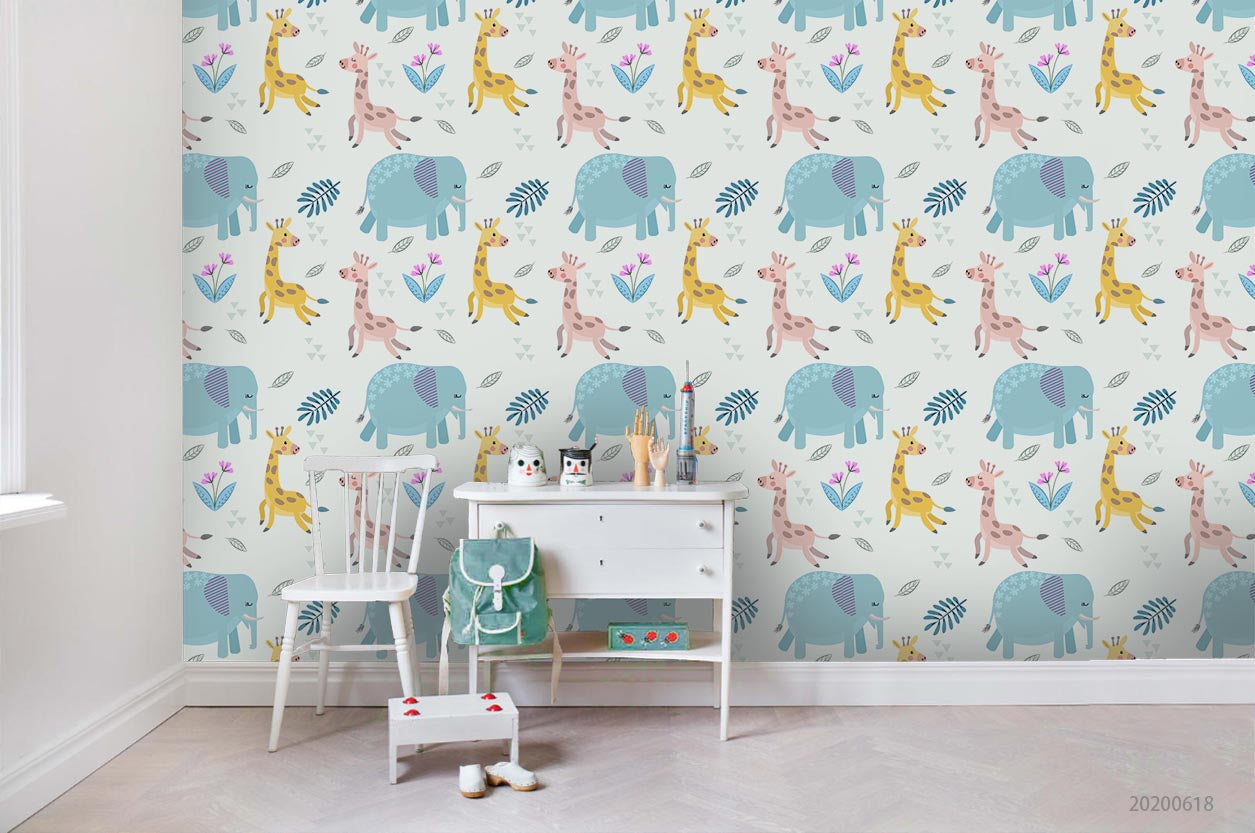 3D Cartoon Giraffe Elephant Wall Mural Wallpaper A120 Lqh