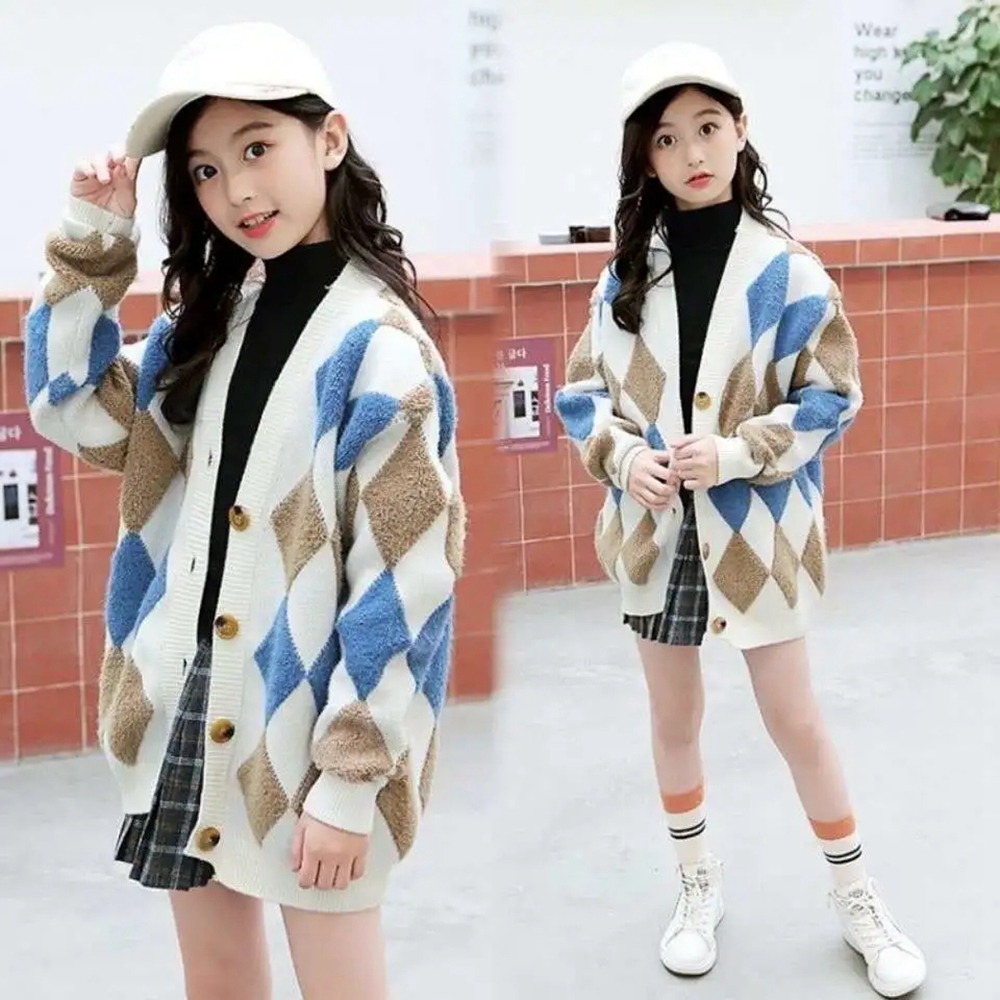 Ceometric Knitted Sweater For Girl 6-15 Years Teenage Kids Loose V Neck Cardigan Jacket Blue Beige Sweaters Coat For Girls 14 12 alx