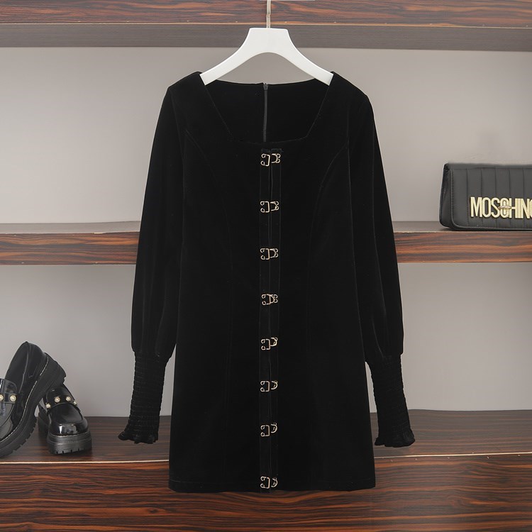 Women Plus Size 4XL Diablo Chic Sexy Mini Dress Lantern Long Sleeve Square Collaar Velvet Black Dress 2021 Winter Y2K Clothes alx