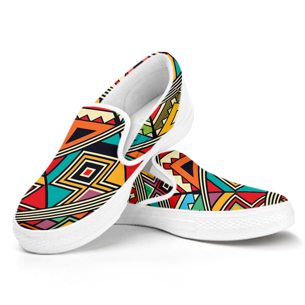 Retro African Ethnic Tribal Print White Slip On Shoes