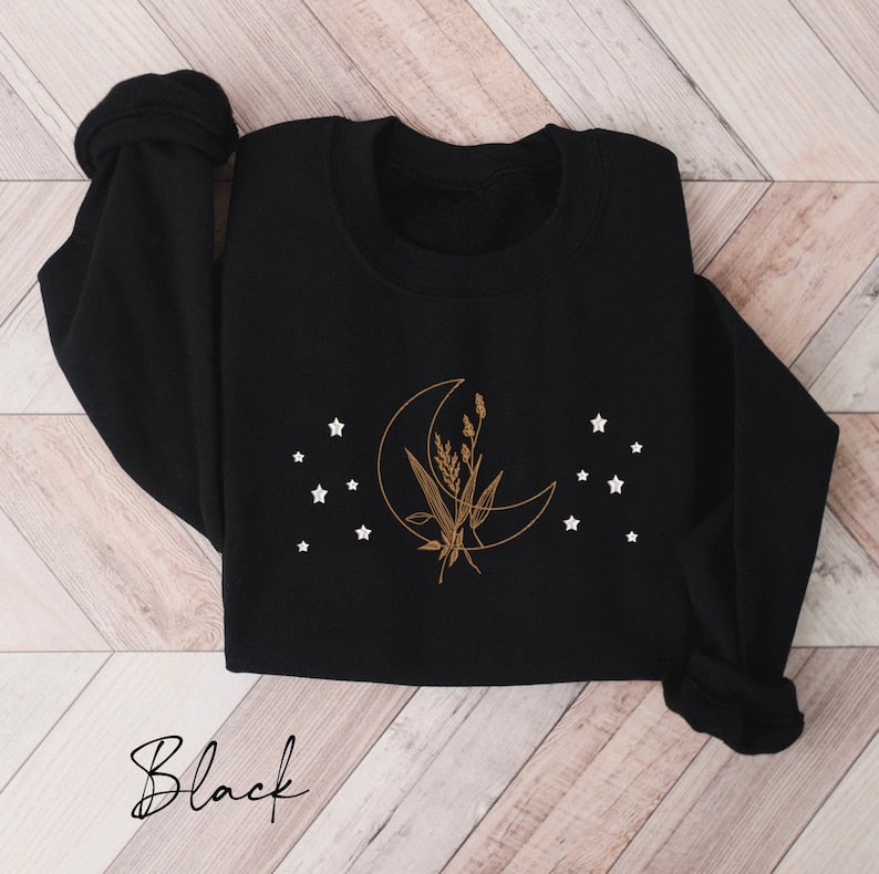 Moon And Stars Embroidered Sweatshirt 2D Crewneck Sweatshirt All Over Print Sweatshirt For Women Sweatshirt For Men Sws4111