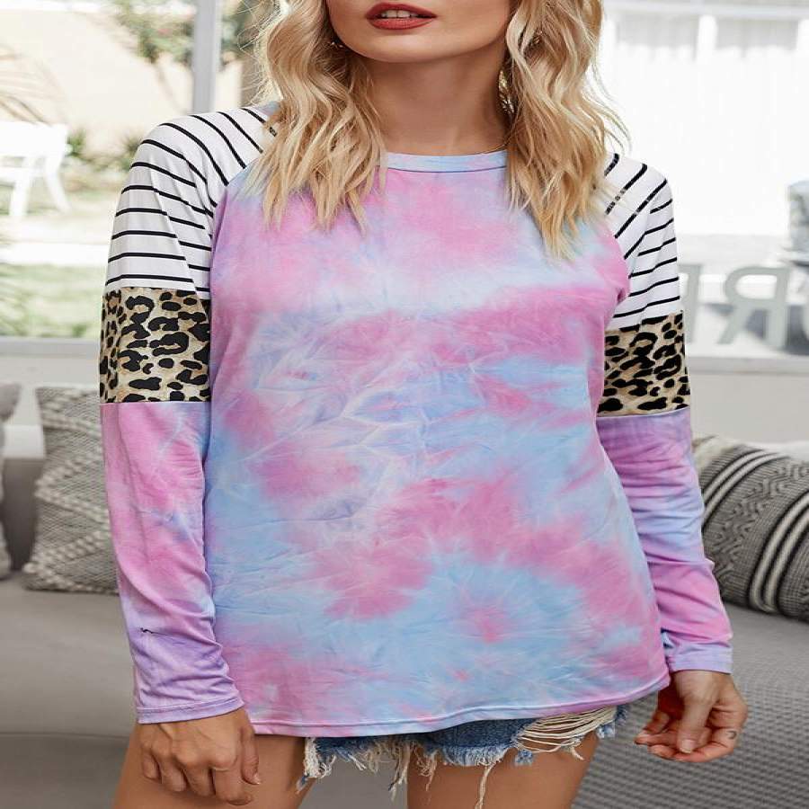 Tie-dye Leopard Striped Splicing Long Sleeve T-Shirts