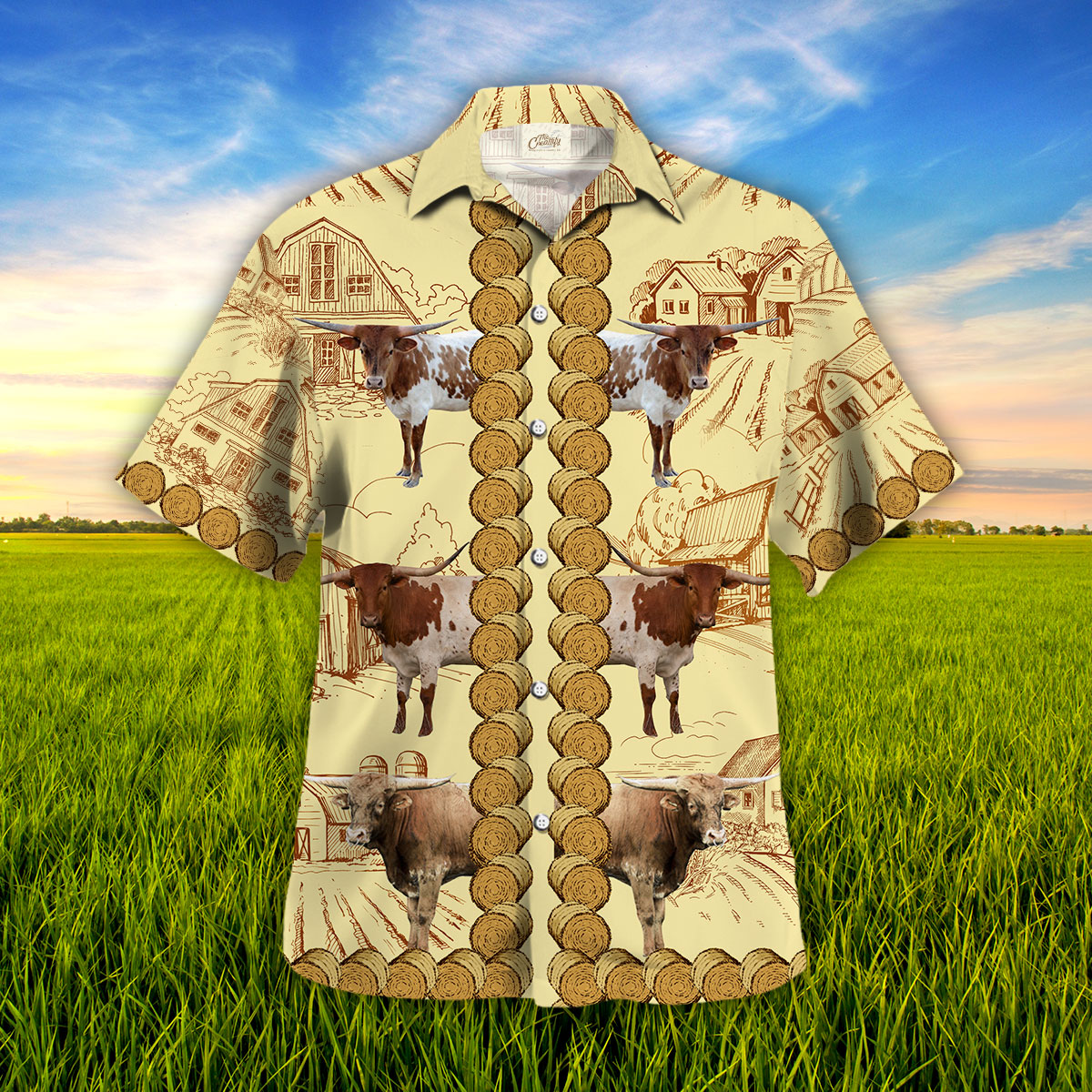 Texas Longhorn In Rolled Hay Pattern Hawaii Shirt Ha111456