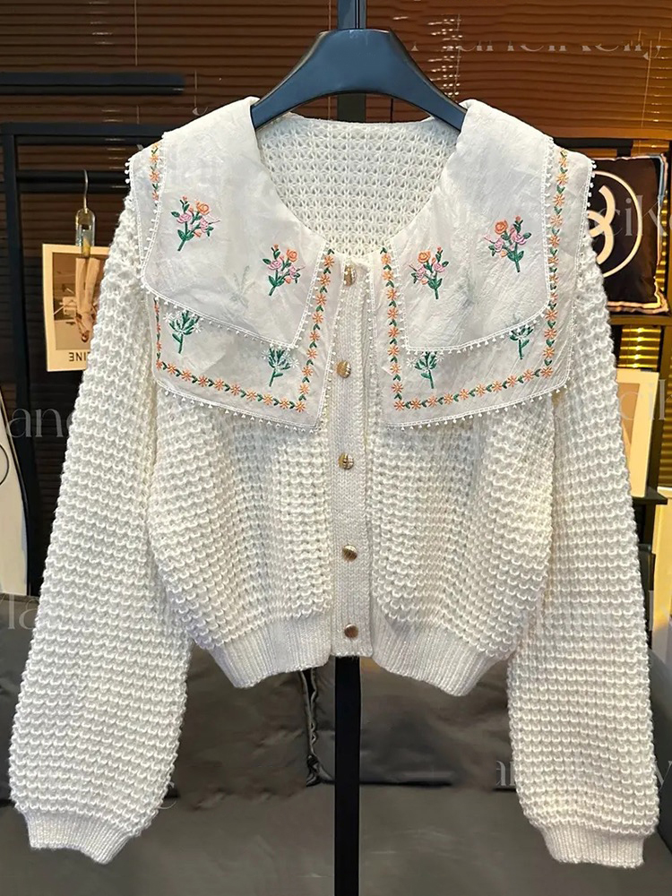 Women’s cute peter pan collar sweater flower embroidery knitted single breasted cardigan coat SML alx