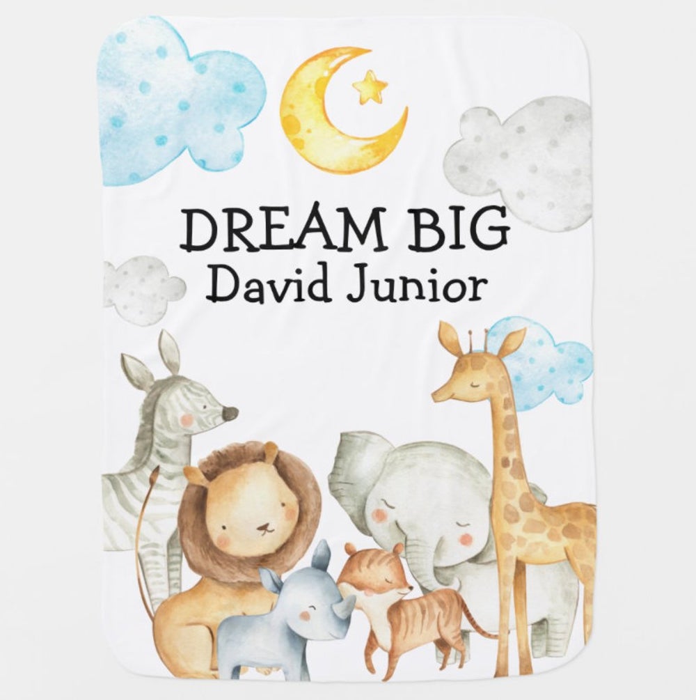 Personalized Safari Animals Blanket, Dream Big Safari Jungle Baby Blanket With Name, Elephant Monkey Lion Giraffe Blanket, Gift For Kids