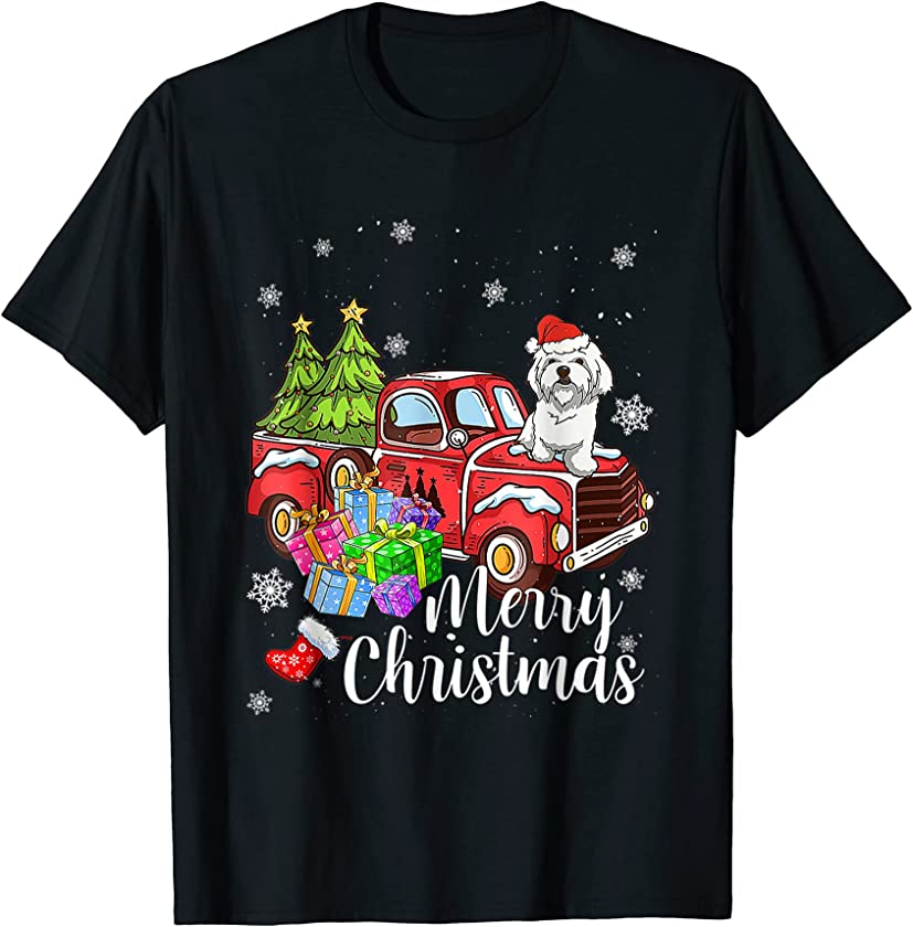 Merry Maltese Christmas Riding Truck Red Dog Puppy Xmas T-Shirt