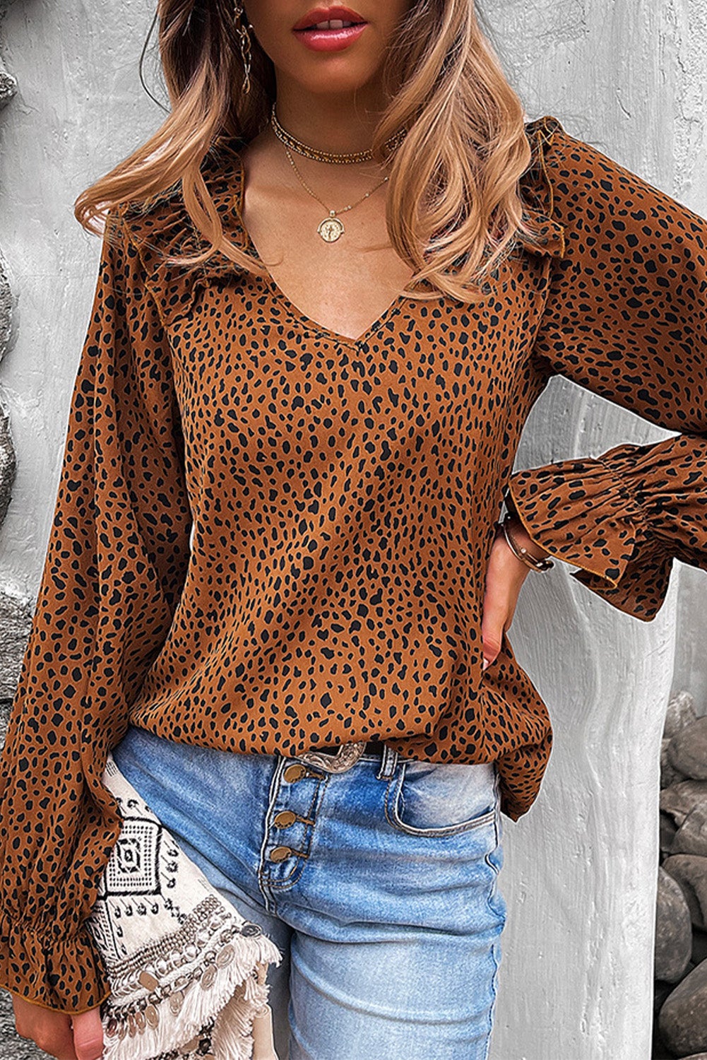 Azura Exchange Brown Ruffled V Neck Long Sleeve Leopard Print Top