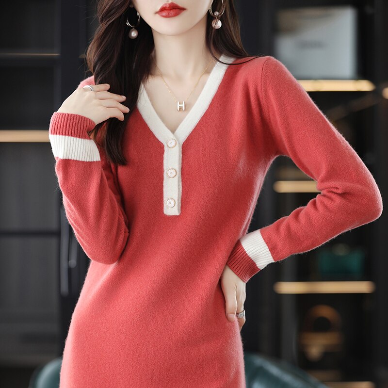 2022 Autumn And Winter New High-end 100% Merino Wool Skirt Women’s Fashion Temperament Color Matching V-neck Long-sleeved Dress alx