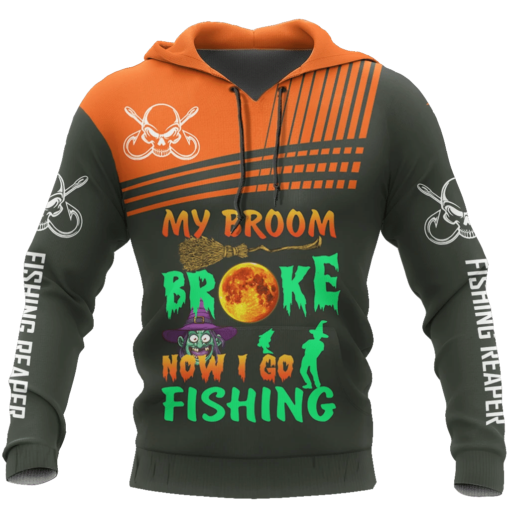 Halloween Shirt Halloween My Broom Broke Now I Go Fishing Fishing Reaper Black Orange T-Shirt Halloween Hoodie Adult Full Print