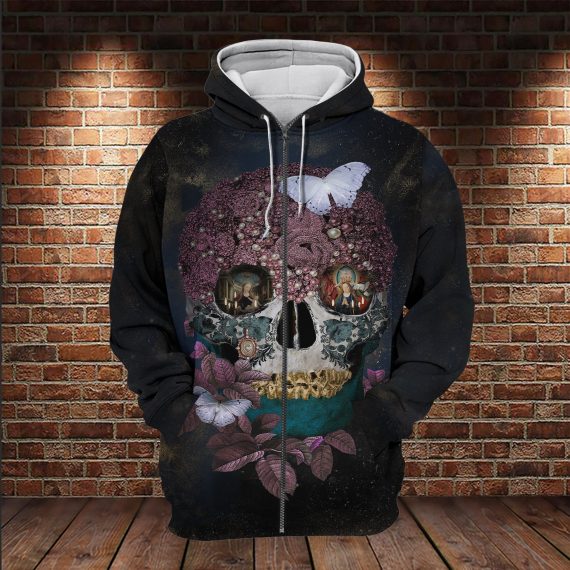 Beauty Skull All Over Printed Unisex Size Zip Up Hoodie For Skull Lovers