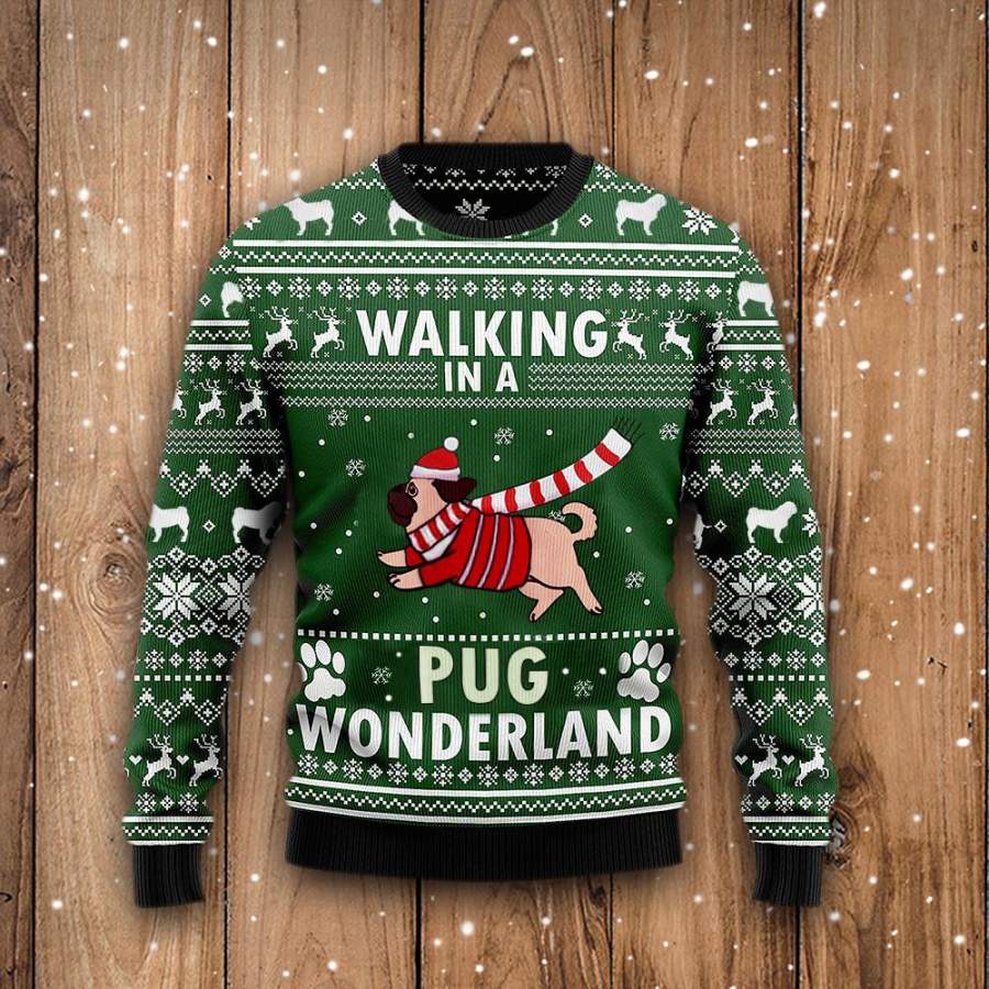 Walking In A Pug Wonderland Graphic Crewneck Sweatshirt Green Ugly Christmas Tee For Men Women