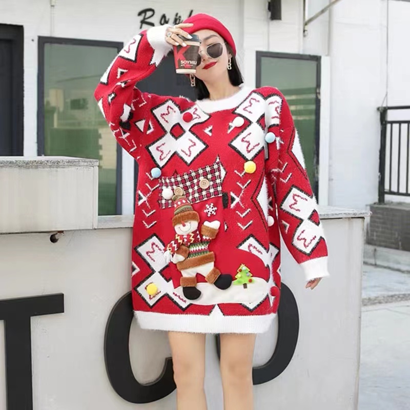 2022 Christmas Vintage Women Sweater Couple Autumn Winter 2022 New Red Outer Loose Knitted Coat Hot Selling Thickened Sweater alx