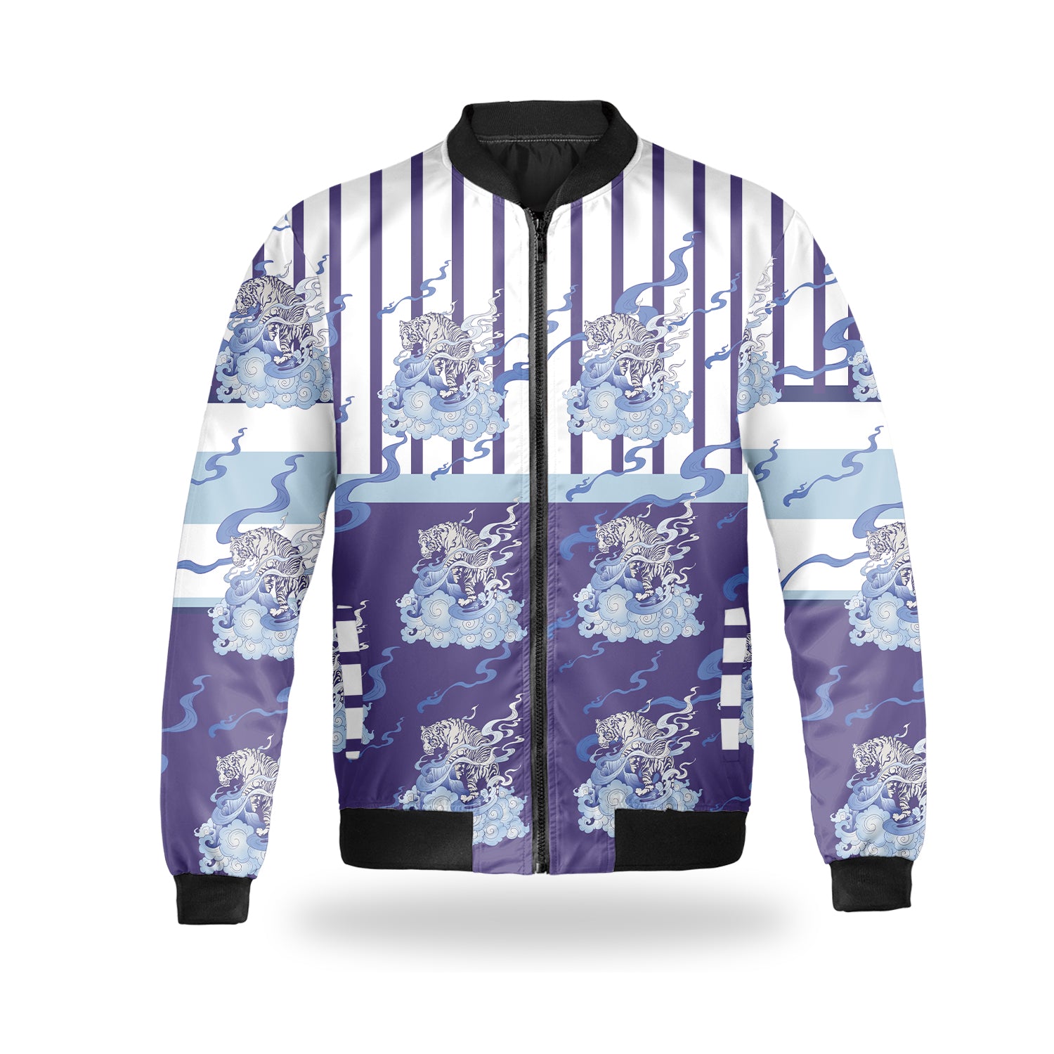 Tiger On The Cloud All Over Print Casual Bomber Jacket, Purple Tiger Cloud Embroidered Bomber Jacket