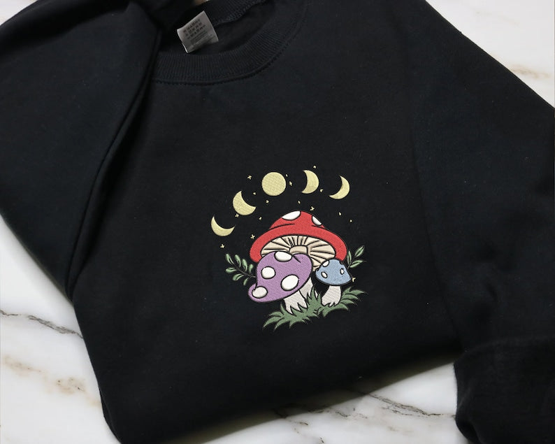 Mushroom And Moon Embroidered Sweatshirt 2D Crewneck Sweatshirt All Over Print Sweatshirt For Women Sweatshirt For Men Sws4168