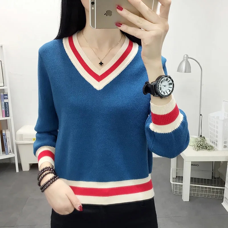 V-neck Spliced Short Knitted Sweaters For Women Spring Fall Slim Soft Pullover Korean Casual Crochet Crop Tops Trend Sueters New alx