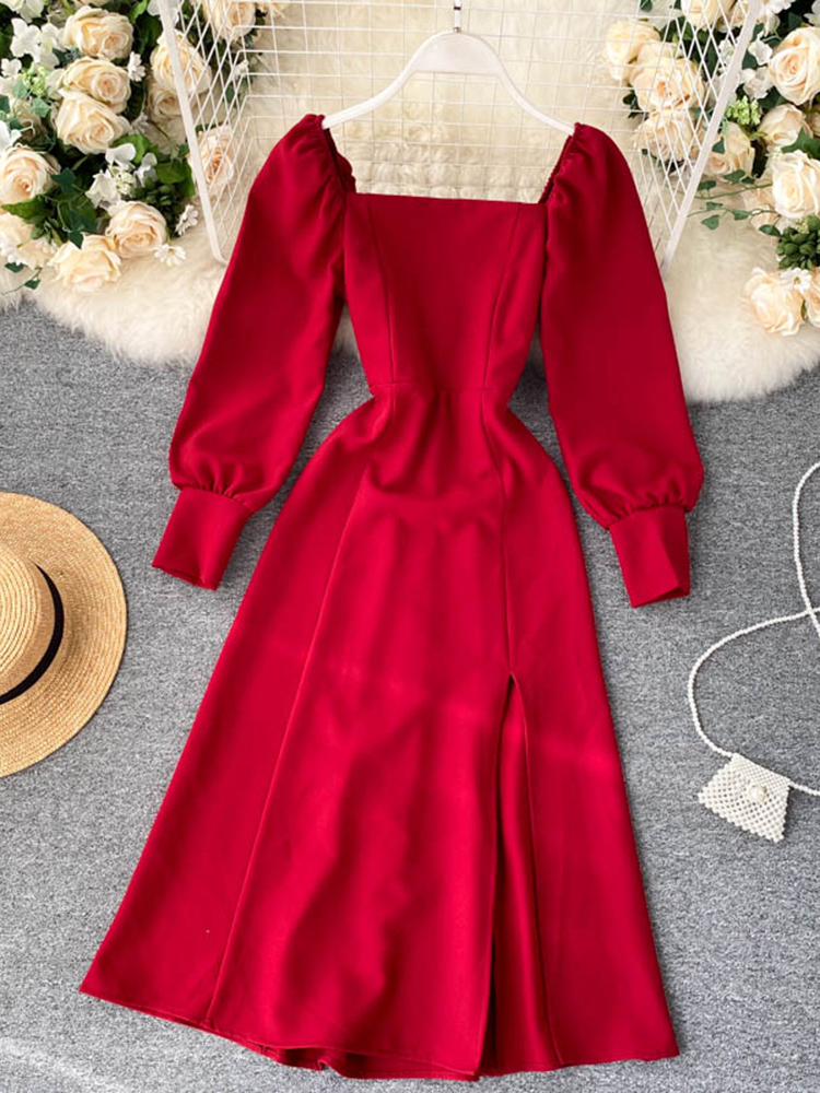 Women Autumn New Split Dress French Retro Square Collar Waist Hugging Slim Puff Sleeve Beading Midi Dress Female Vestidos PL487 alx