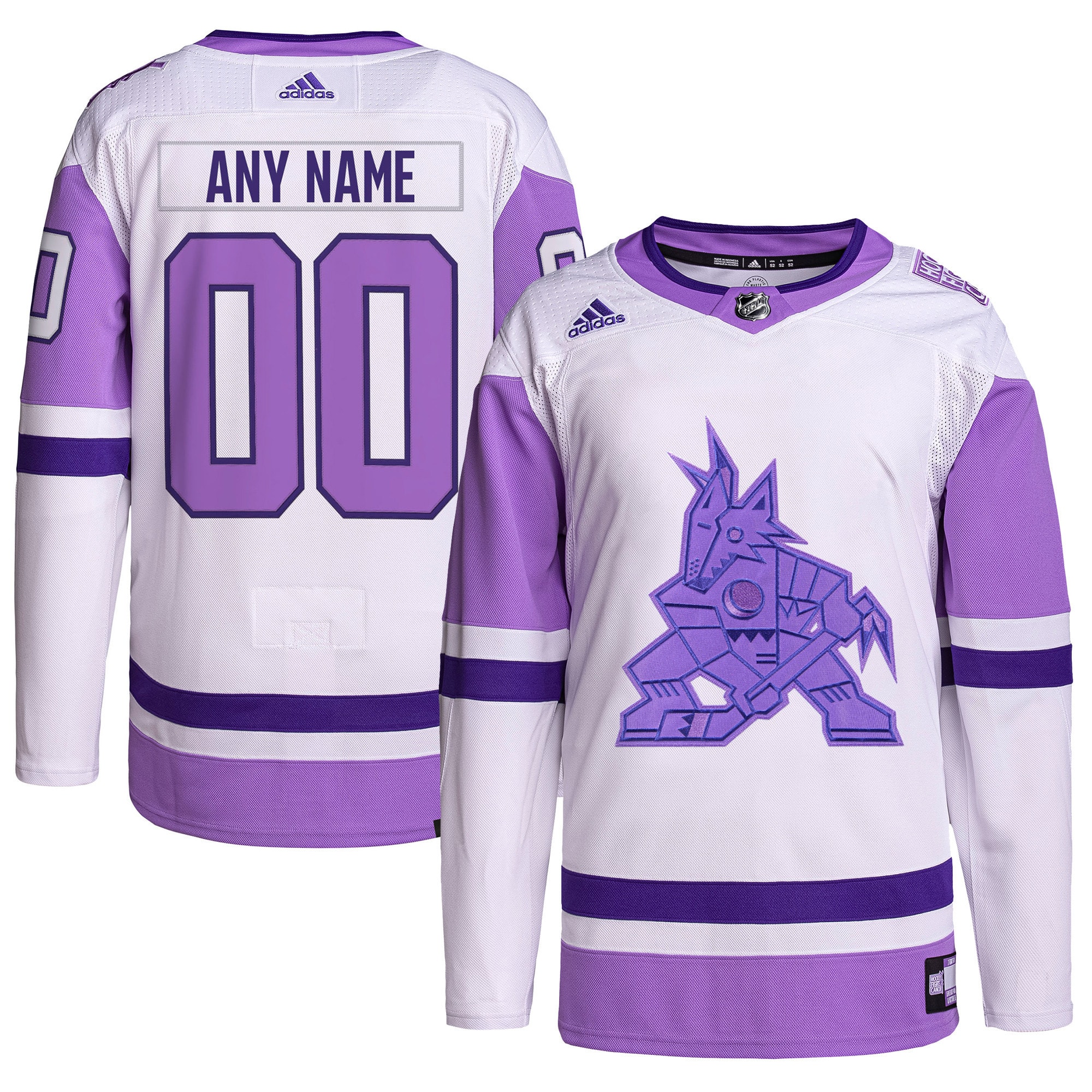 Arizona Coyotes Hockey Fights Cancer Primegreen Authentic Custom Jersey – White/Purple