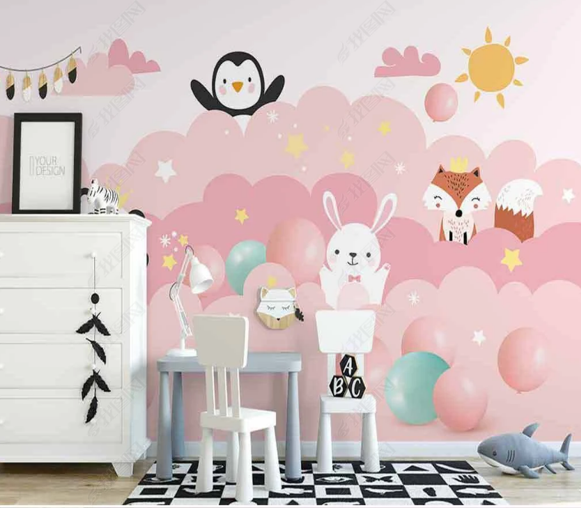 3D Cartoon Pink Cloud Animal Bunny Wall Mural Wallpaper Lqh 75