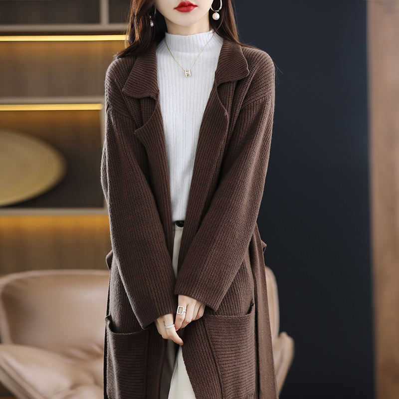 Autumn And Winter 100% Pure Wool Cardigan Mid-Length Coat Knitted Sweater Women’s Thickened Sweater With Pockets Overcoat alx