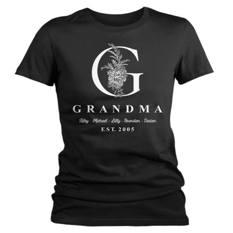 Women’s Personalized Grandma T-Shirt Monogram Grandma Shirts Names Grandchildren Gift Idea Mother’s Day